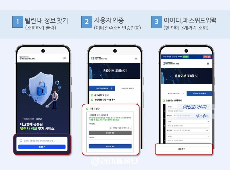털린 내 정보 찾기에서 개인정보 유출여부를 확인하는 과정을 캡쳐한 이미지.