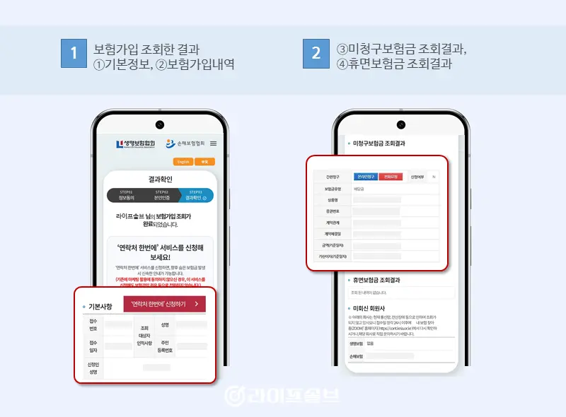 내보험찾아줌 홈페이지에서 본인인증으로 조회한 숨은보험금 결과화면 캡쳐 이미지.